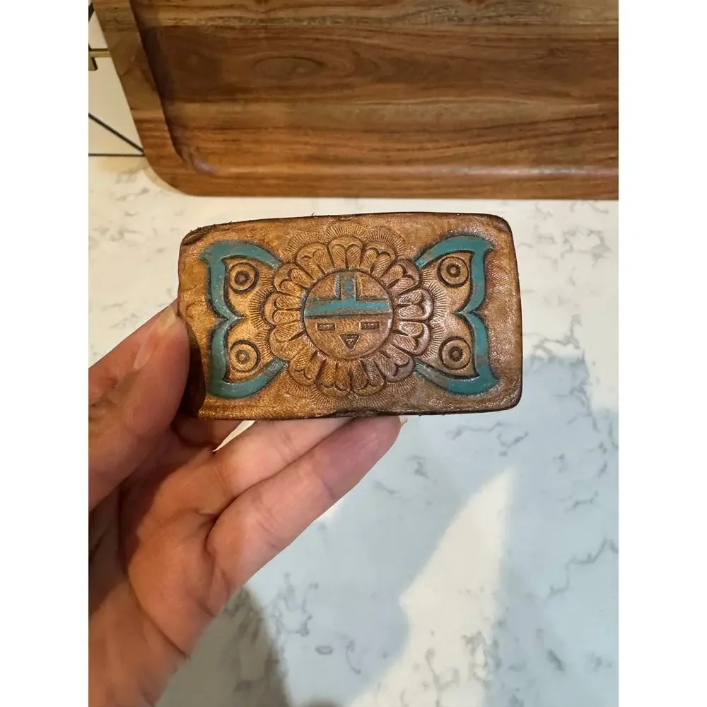 vintage Zuni-style, hand-tooled leather belt buckle Southwestern Sun Face design
